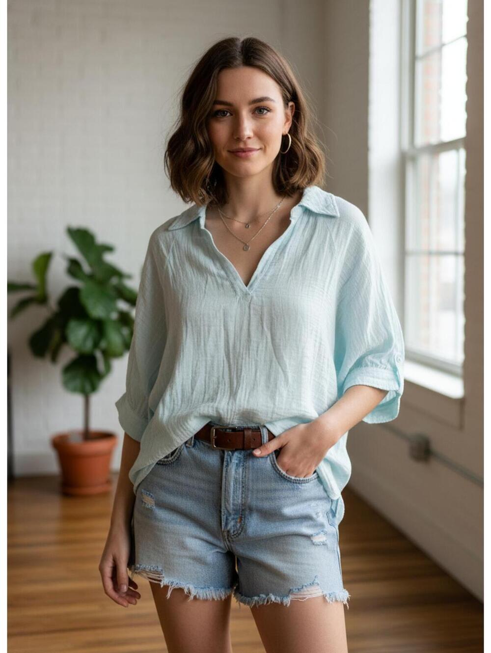Stark X Gause Light Blue Casual Cotton Shirt 3/4 Sleeves M